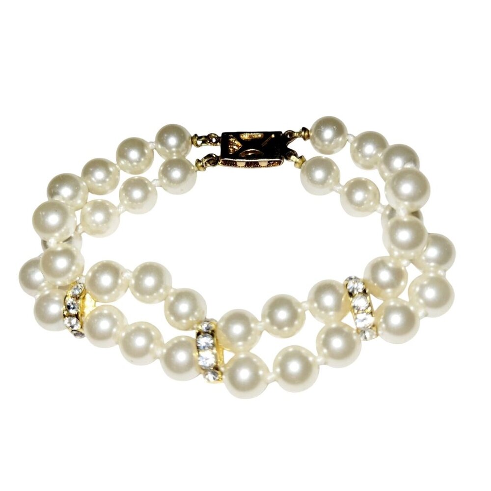 Double Strand Pearl Bracelet White Glass Pearls Crystal Rondelles and Box clasp
